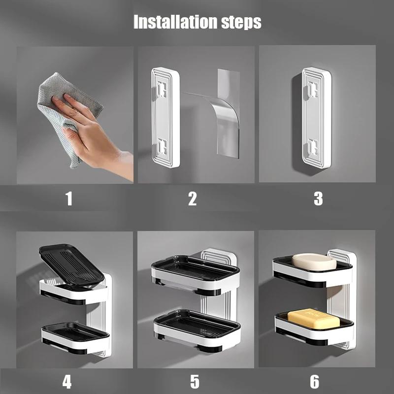 Wall Mounted Double Layer Soap Box Bathroom Soap Rack Punch-Free Bathroom Rack Drawer Draining Holder Sponge Storage Box
