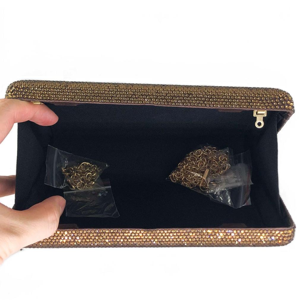 Boutique De FGG Evil Eye Women Rhinestone Evening Handbag Brown Crystal Clutch Bag Prom Party Box Metal Clutch Purse, Mini