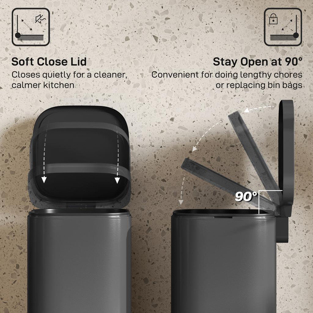 30L Kitchen Bin, Compact Pedal Bin with Soft-Close and Stay-Open Lid, Removable Bucket for Kitchen, Home, Office, Black