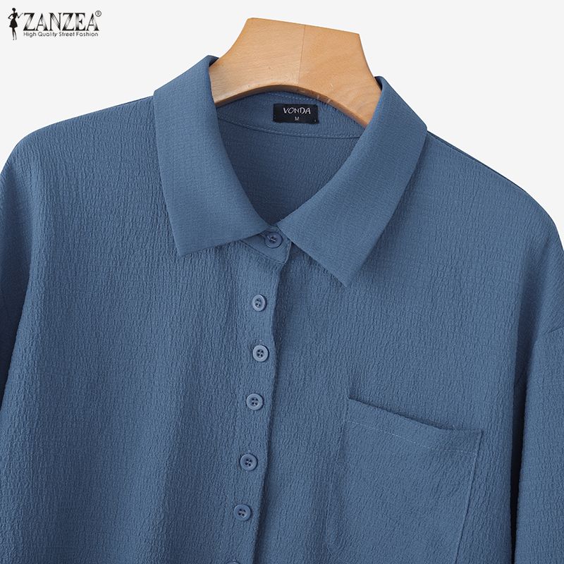 ZANZEA Women Casual Turn Down Collar 3/4 Sleeve Loose Blouse