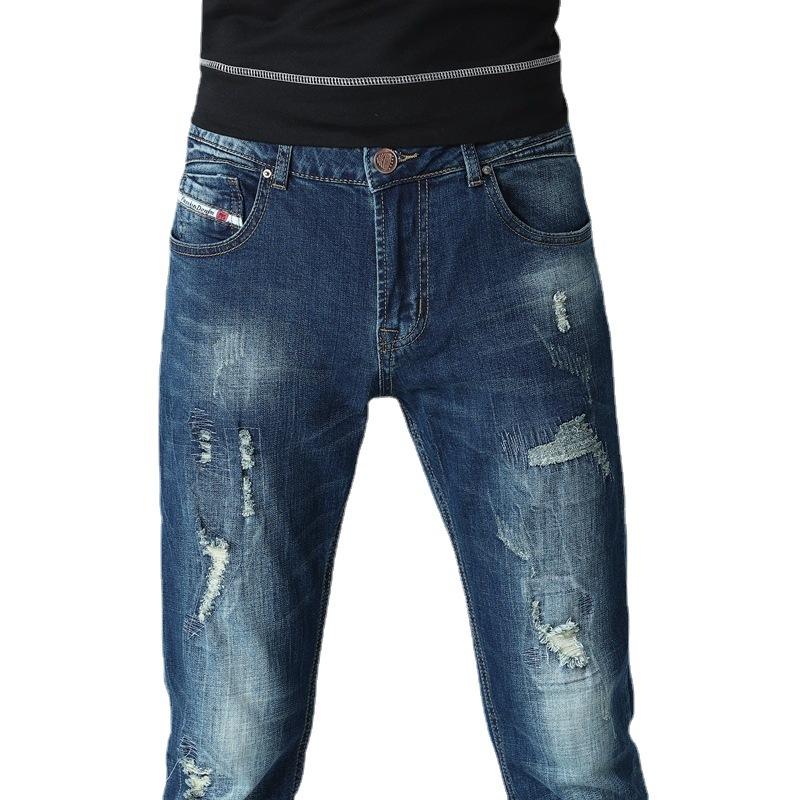 Worn Patch Men's Stretch Casual Jeans Men's Retro Pleated Slim Fitting Small Straight Leg Pants Men's