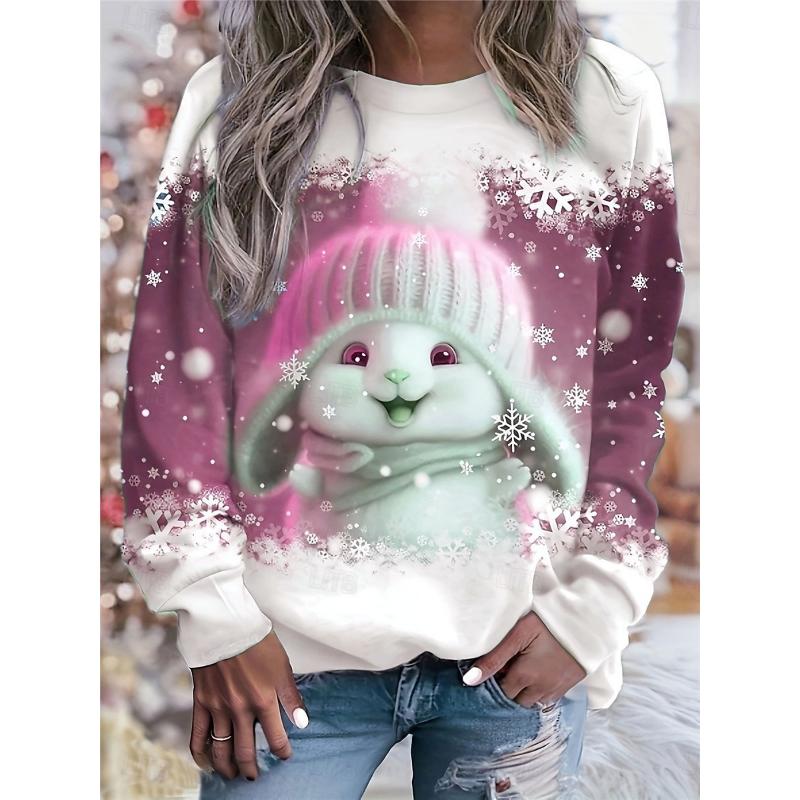 Women's Sweatshirt Long Sleeve Winter Bunny with Hat Graphic Blue Snowflakes Crew Neck Casual Comfortable Holiday Festive Homewear Regular Fi