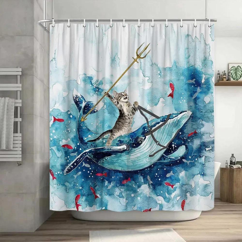 Lustiger Duschvorhang Tapfere Katze Cartoon Duschvorhang Wellen Ozean Dekor Stoff Duschvorhang Set mit Haken Badezimmerdekoration