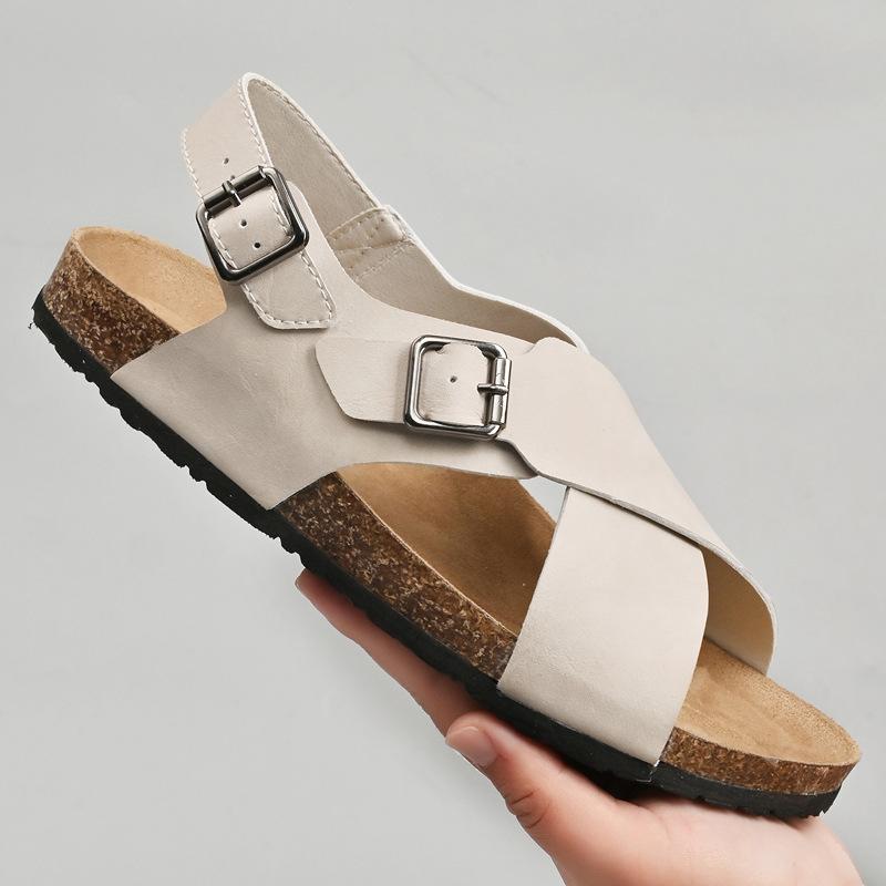 Lazy pedal cork slippers outside wearing high-end casual leather surface retro open-toed lazy foot cover Boken sandals