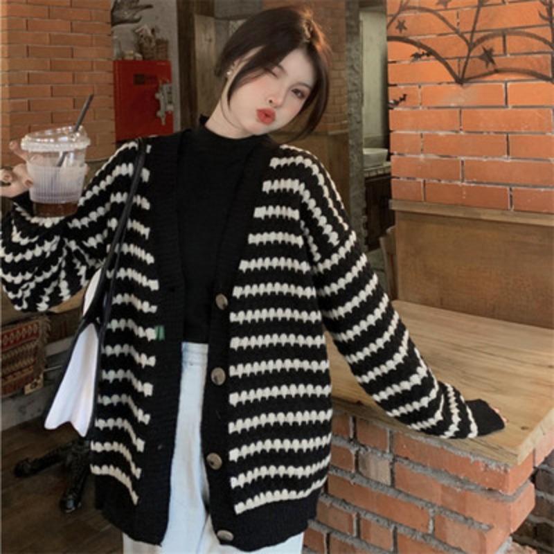 Knitted Cardigan Autumn and Winter Clothing New Model with Lazy Wind Striped V-neck Thickened Sweater Jacket Women