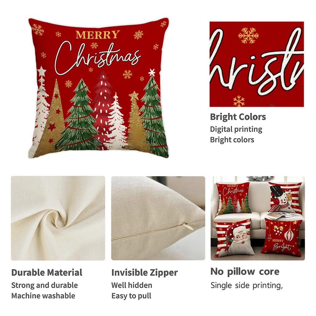 1/4Pcs Red Christmas Pillowcase, Snowflake Christmas Ball Christmas Tree Cushion Cover, Santa Claus Snowman Pattern Pillow Cover