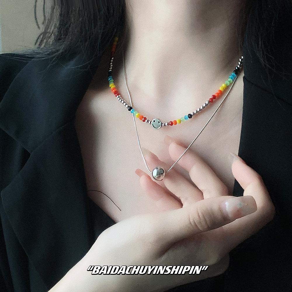 Korean Style S925 Sterling Silver Smiley Face Rainbow Necklace - Niche Beaded Clavicle Chain for Women