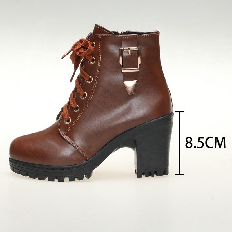 Autumn and Winter New Round Head Lace-up Martin Boots Women's Belt Buckle Side Zipper High-heeled Short Boots