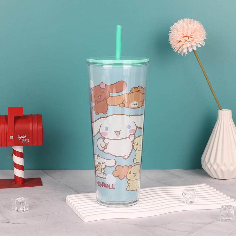 700ml Double Wall Plastic Tumbler With Straw Cartoon Design Adults - Yellow Green Pink Clear Purple Blue