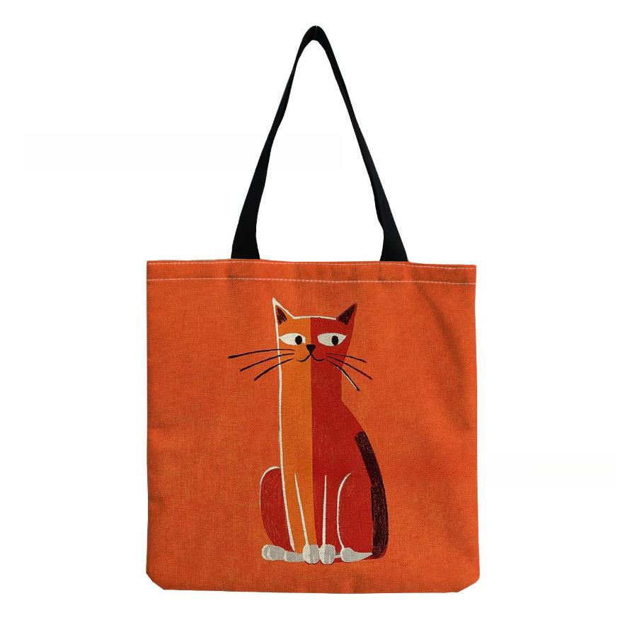 Women Vintage Linen Tote Bag - Large Capacity Cat Print Shoulder Handbag for Casual & Grocery Shopping KTB