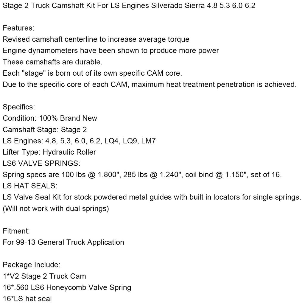 Stage 2 Truck Camshaft Kit For LS Engines Silverado Sierra 4.8 5.3 6.0 6.2
