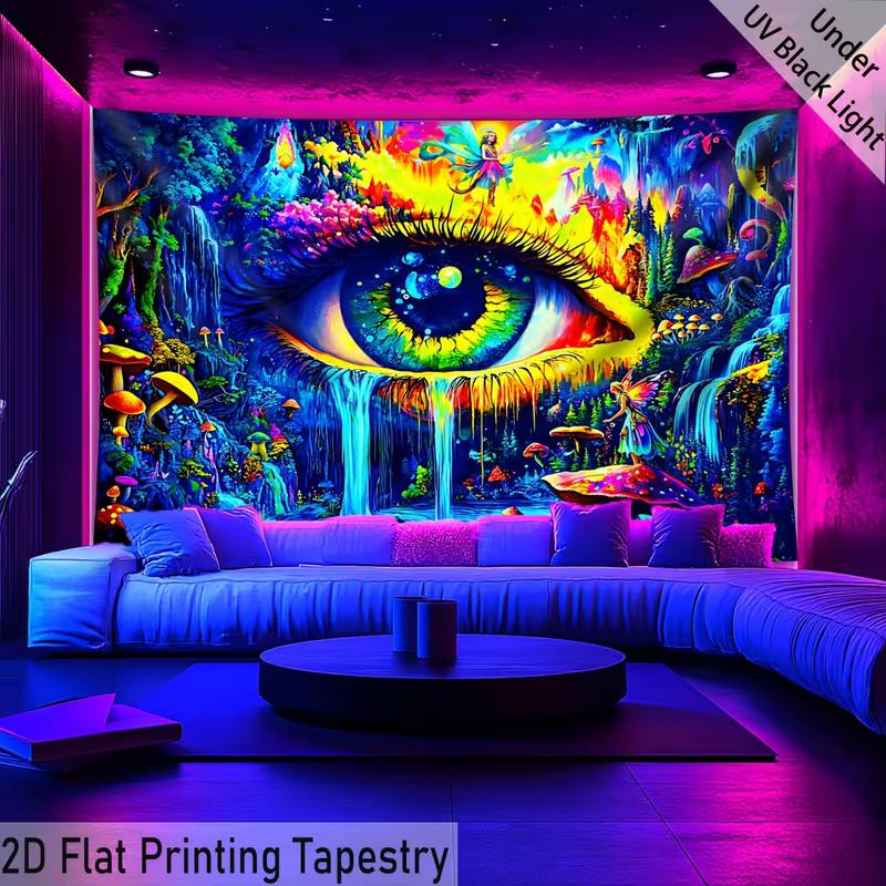2D Trippy Eye Waterfall Tapestry Blacklight Fantasy Forest Backdrop Cloth for Bedroom
