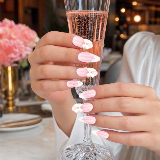24Pcs Nude Pink Press on Nails, White Bow Faux Pearl Glue on False Nails, Almond French Tip Stick-on Fake Nails Decoration