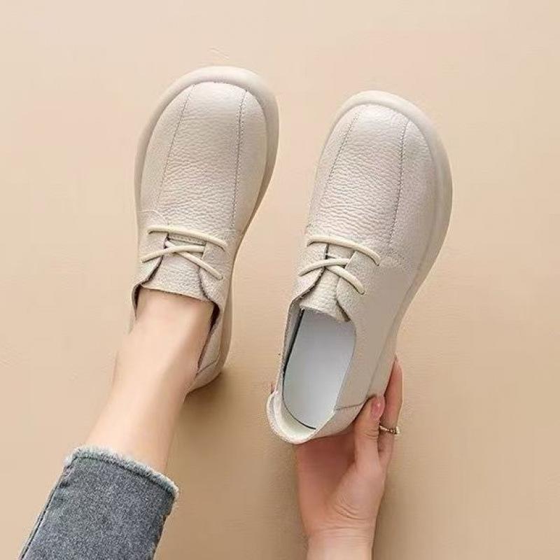 Leather shoes cowhide leather lace-up 2025 casual British single shoes new soft sole retro mother flat bottom