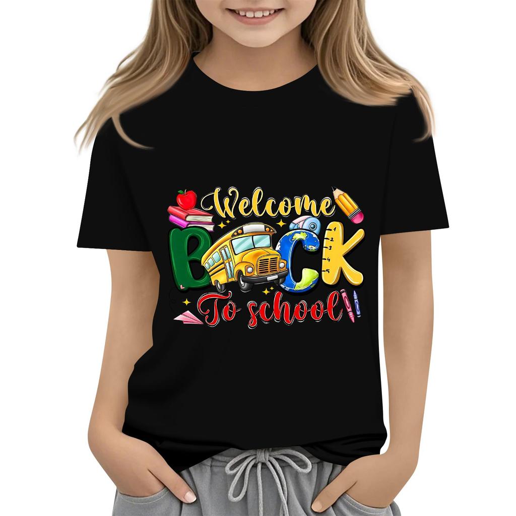Children's Casual and Fashionable Round-Neck Printed Short-Sleeve Top for Back-to-School
