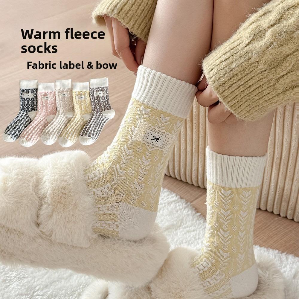 Female Autumn and Winter Thickened Warm Everything with Delicate Cloth Label Bowknot Floor Tube Stack Socks