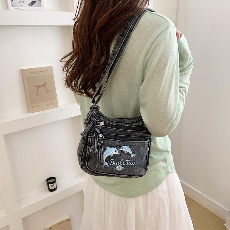 Vintage Denimtasche Damen Mehrschichtig Kleine Tasche Bestickt Schulter Crossbody-Tasche