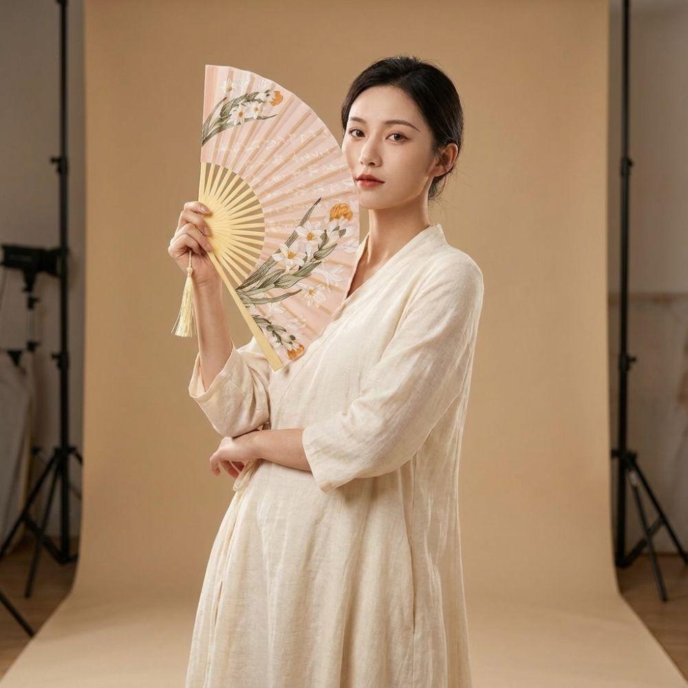Portable Ancient Style Printing Folding Fan Vintage with Tassel Chinese Style Folding Fan Exquisite Flower Pattern