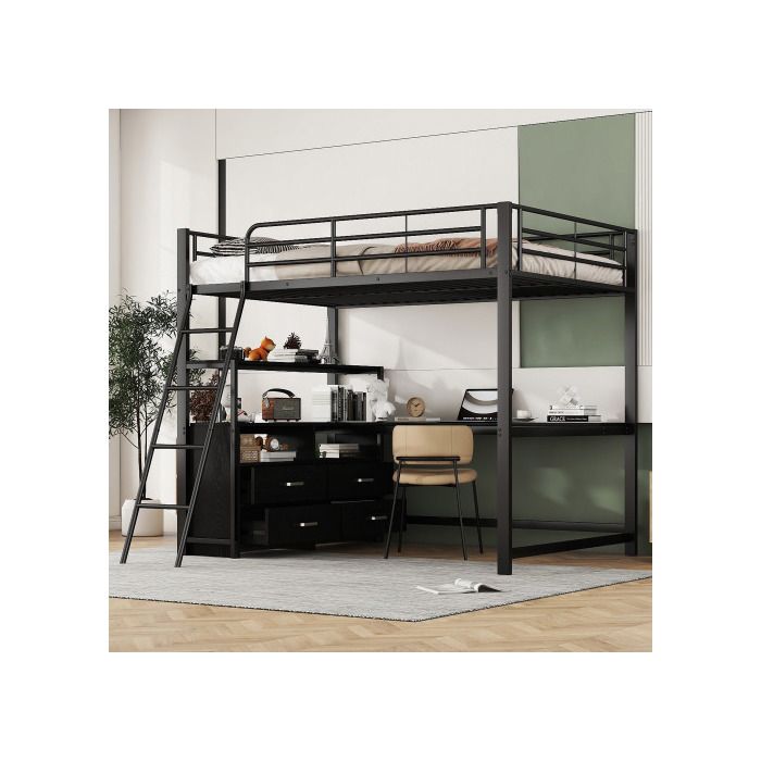 Hochbett - MUVOE - 140x200cm - L-förmiger Schreibtisch - Praktische Schubladen - Schwarzes Metall