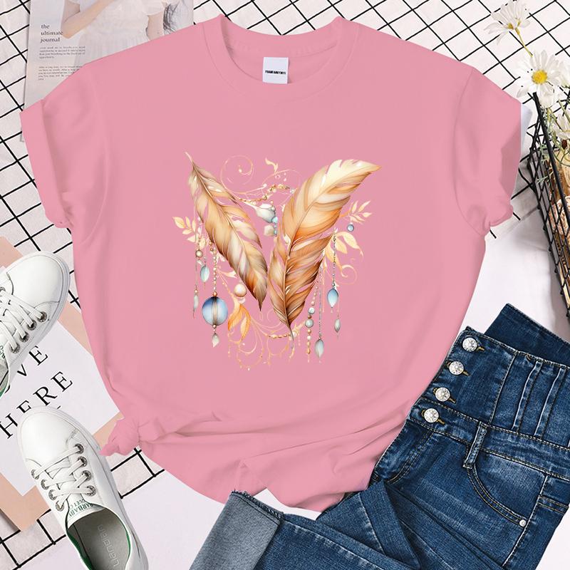 Feather Printed T-Shirts for Women Summer Short Sleeve Tee Shirts Round Neck Casual Summer Ladies Tops