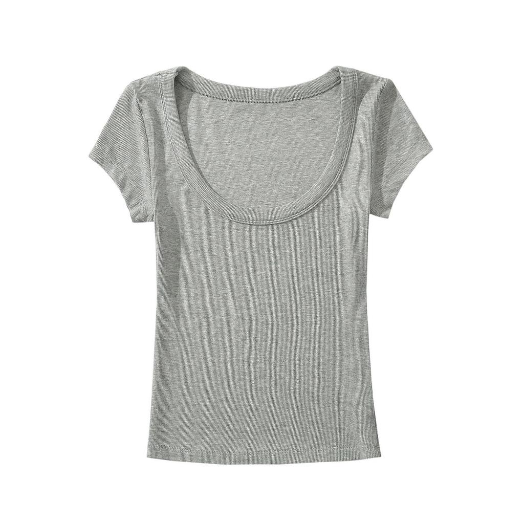Damski letni dopasowany elastyczny top z krótkim rękawem, okrągłym dekoltem i wycięciem 2024