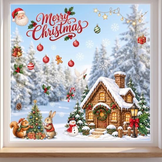 Indoor Window Glass Ornaments Christmas Clings, Snowy Village House Xmas Tree Squirrel Rabbit Clings Sticker, Double-Sided Static Decal for