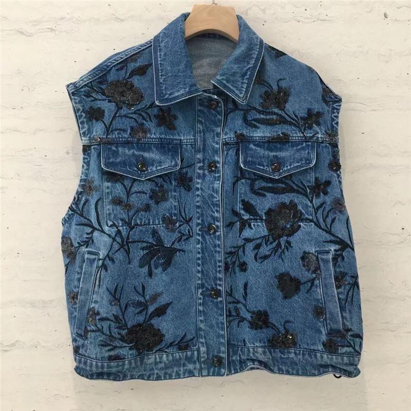 Sleeveless denim vest women s spring new loose and thin retro old embroidered sequined coat top One size fits all синий