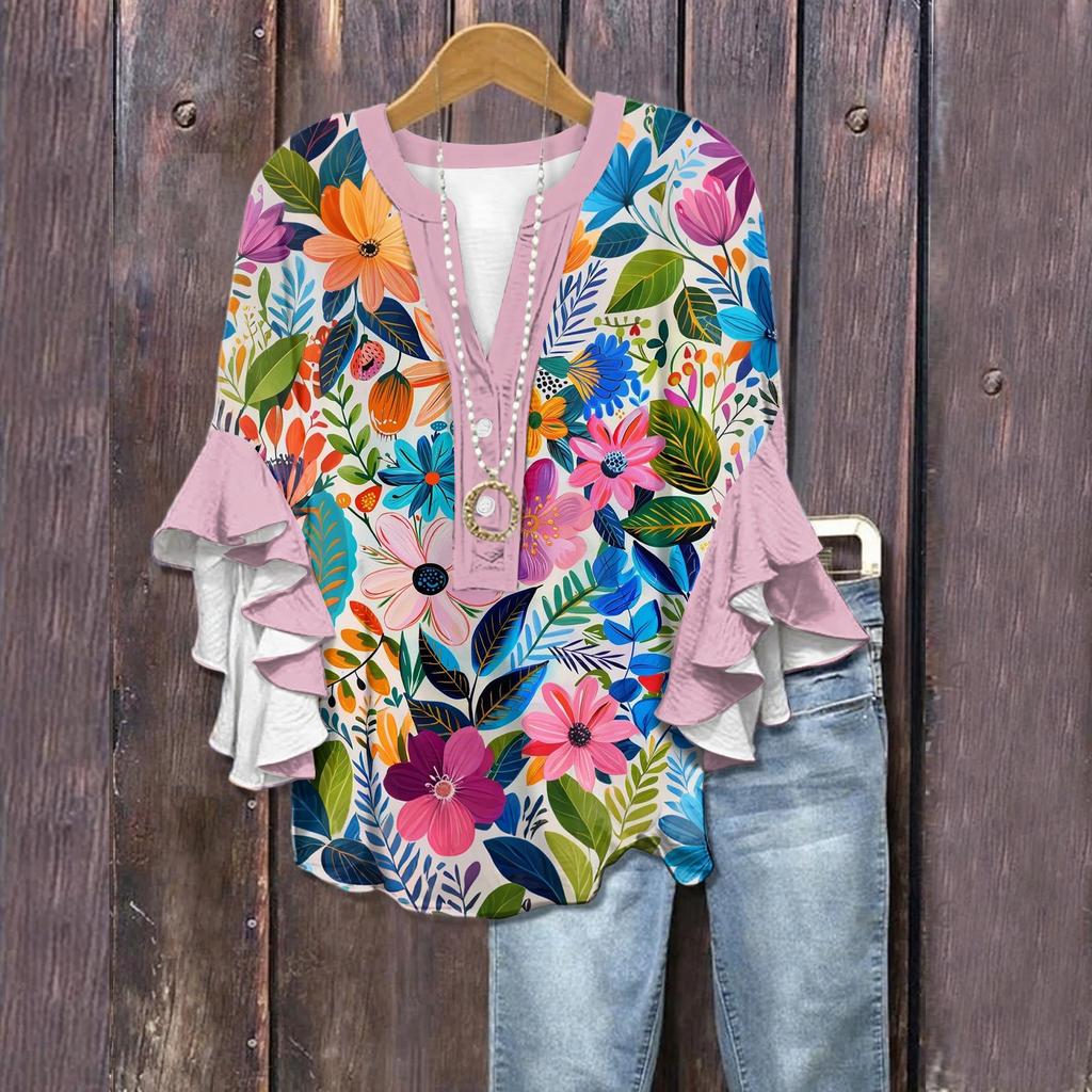 Summer Tops For Women Cute V Neck 3/4 Sleeve Blouses Floral Print Top Casual Shirts