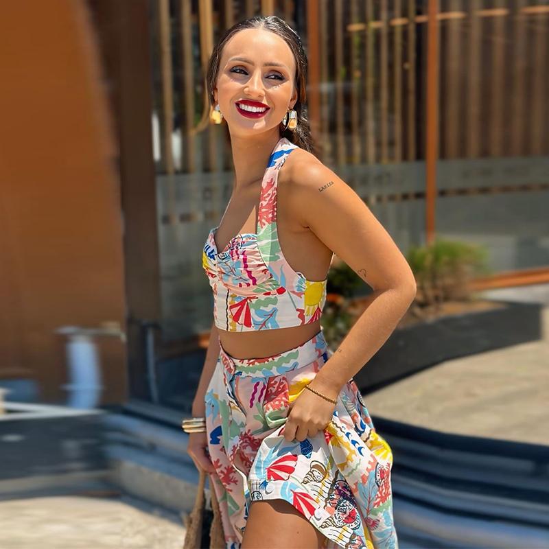 Women Sexy Printed Halter Skirt Suits Summer Sleeveless Backless Crop Top Single Breasted Split Skirts Two Piece Sets