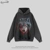 Vintage Wolf Print Heavyweight Washed Cotton Hoodie Men Oversized Streetwear Long Sleeve Pullover