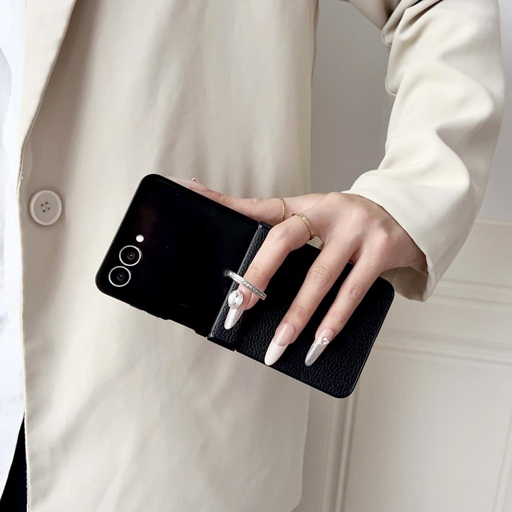 Lychee Pattern Leather Metal Finger Ring Holder Stand Case For Samsung Z Flip 7 6 5 4 3 Diamond Grip Buckle Bracket Cover