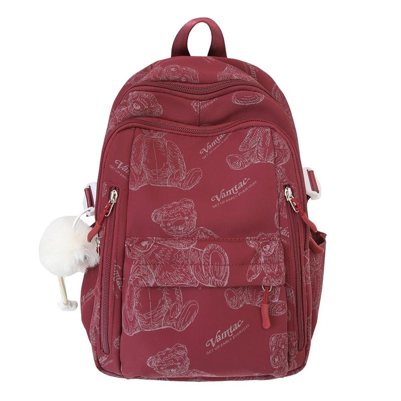 School Bag for Female Junior High School Students, Simple and Versatile Printed Bear Backpack, Niche Design, Light Backpack for High School Students
