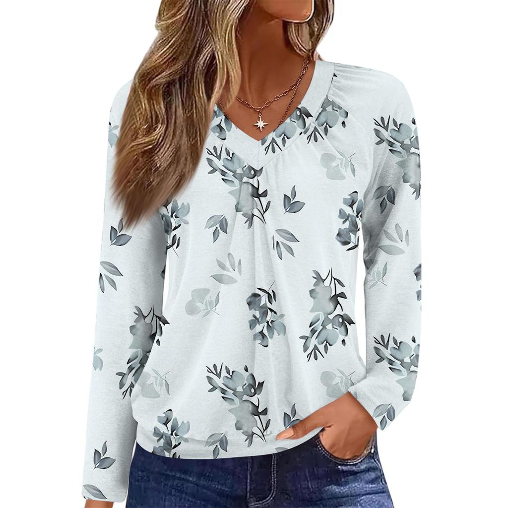 Women's Casual Fashion V-Neck Raglan Pleated Floral Print Long Sleeve Top