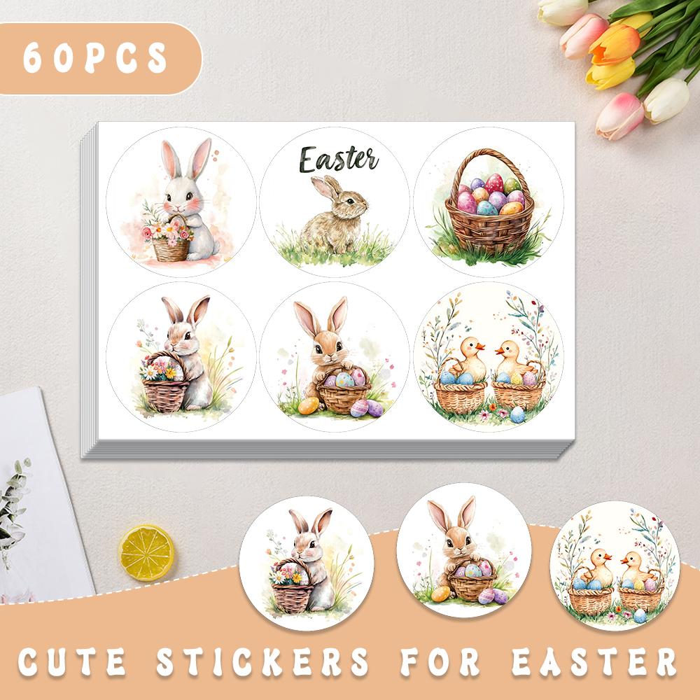 60pcs/6styles Easter Day Stickers, Easter Party Favours, Decoration Stickers, Greeting Card Stickers, Gift Bag Stickers