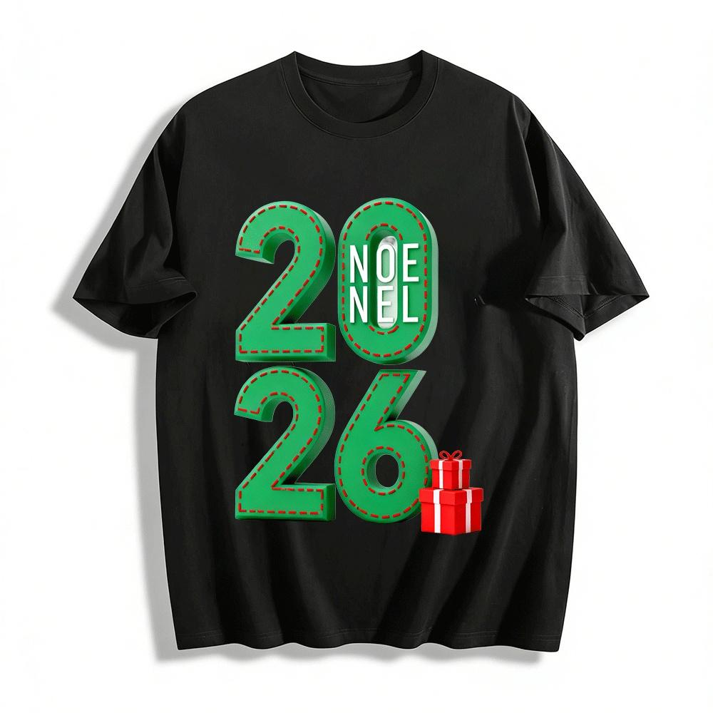 

2026 Christmas Noel Letter Print Casual Holiday Top Pure cotton T-shirt XXS