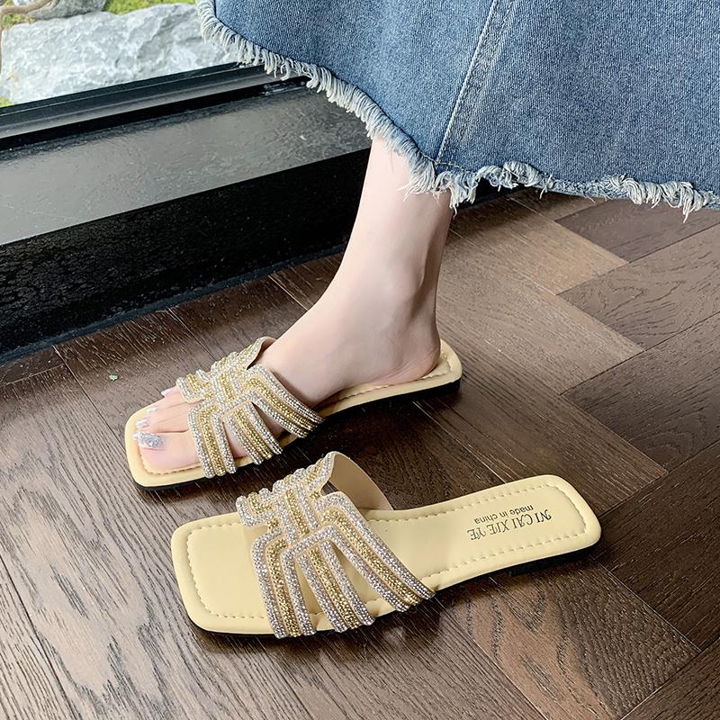 Damen Strass-Slipper Modische Rutschfeste Strandschuhe Sommer Outdoor Hausschuhe Bequeme Flache Sandalen mit Quadratischem Absatz Slides Damen