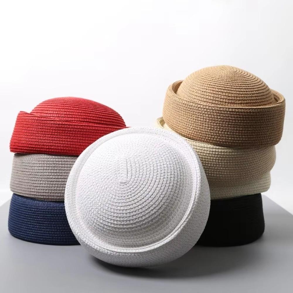 Circle Concave Top Handemad Straw Pillbox Hat Flat Top Straw Sun Hat Pillbox Cap Women Headwear