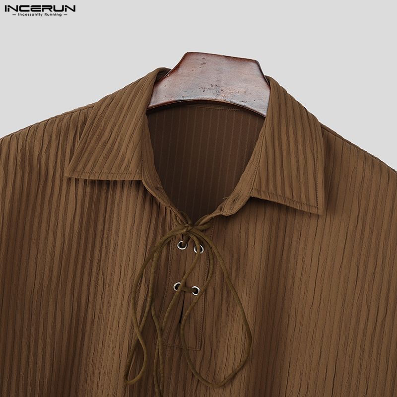 INCERUN Men Long Sleeve Bandage Eyelet Decorative Texture Casual Loose Pullover Tops