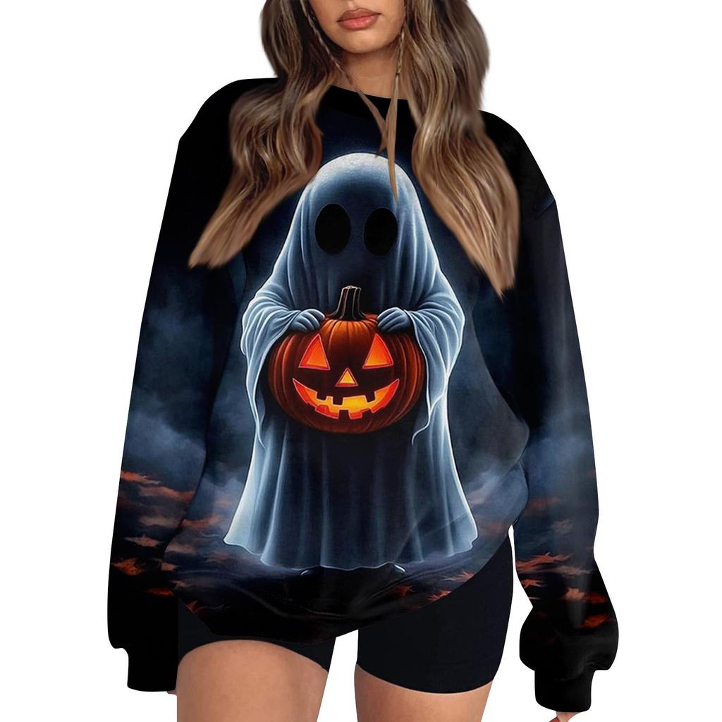 Women's Fashion Casual Long Sleeve Halloween Printed Neck Sweatshirt Top