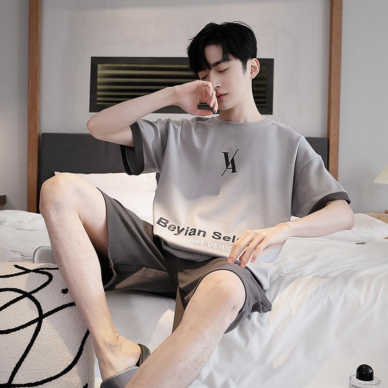 Men's Pajamas Set Letter Print Short-Sleeve Tops and Shorts Sleepwear Loungewear Students Two-Piece Youth Boy Nightwear Y2k Homewear Male