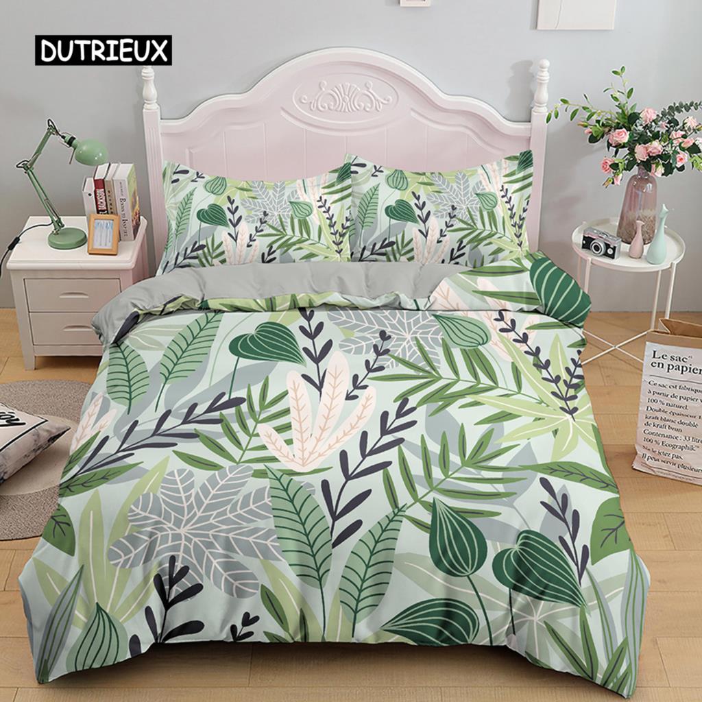 Tropiska Botaniska Blad Kung Drottning Påslakan Grön Palmblad Polyester Sängkläder Set för Barn Tonåringar Vuxna med Örngott