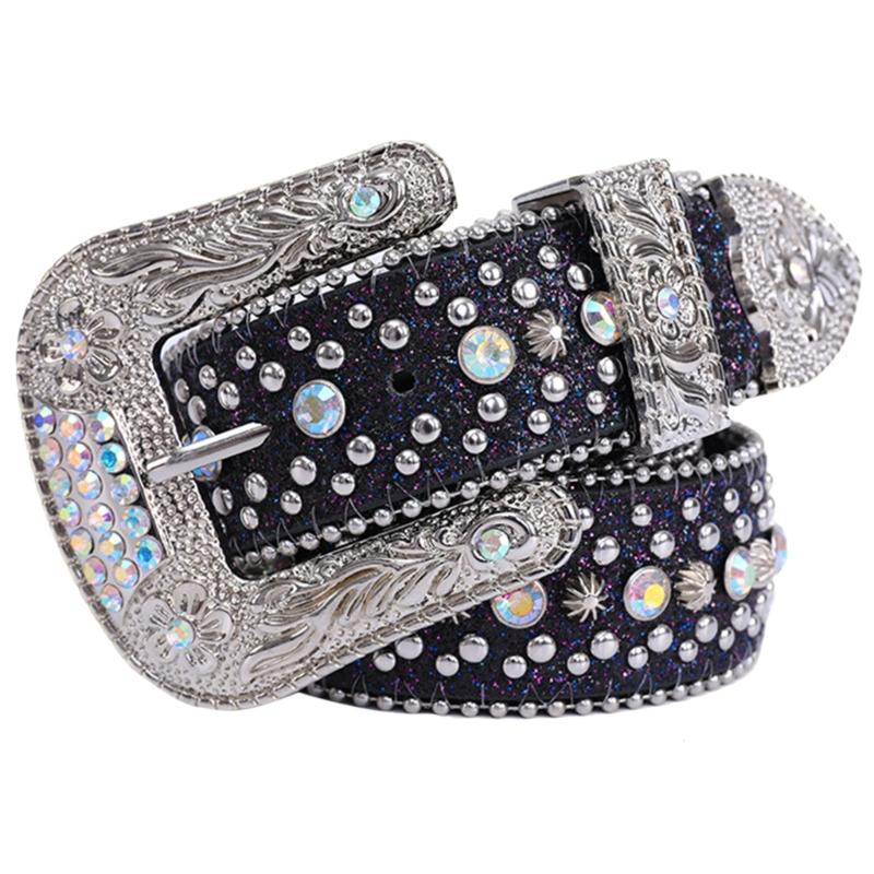 Rhinestones Studded Western Leather Belt Bling Waist Belts for Dresses Pants