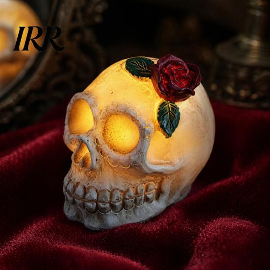 Gruselige Totenkopf-Lampe Gotische Leuchtende Rose Blumenfigurine, Tag der Toten Harz Halloween Dekor Statue, Totenkopf für Schreibtisch Zuhause