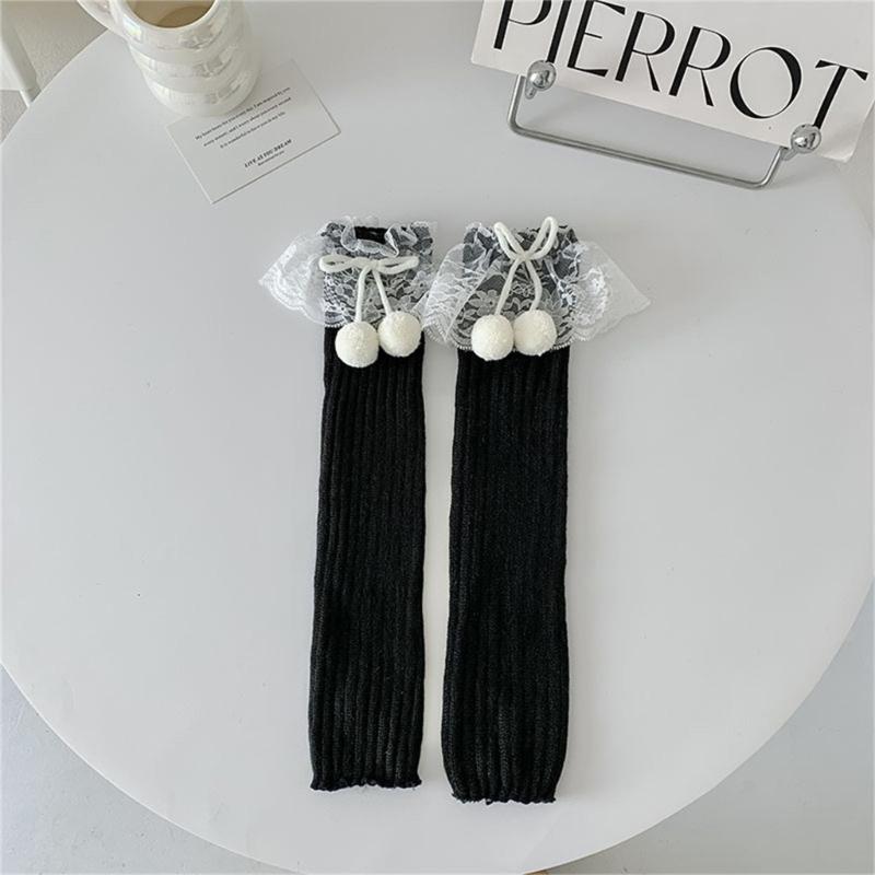 Lolitas Plush Ball Ruffle Frilly Leg Warmers Knitted Leg Sleeves Goth Crochet Ankle Heap Socks JK Uniform Foot Cover