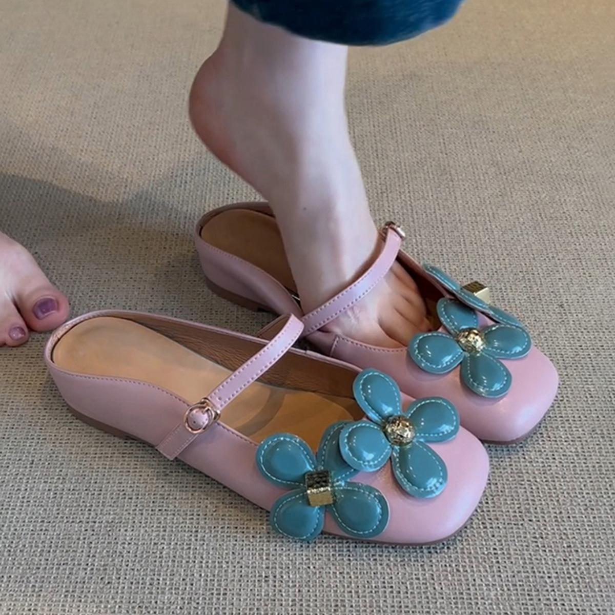 

Soft leather version~ New contrasting color flower one-word buckle head shoes women s inner height increase French sweet half slippers 40