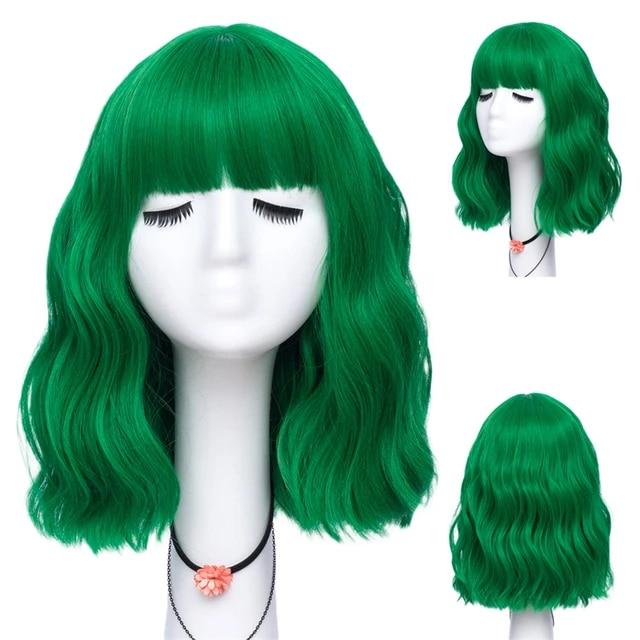 Kurze lockige blaue Bobo-Synthetik-Cosplay-Perücken für Frauen, Orange, Rot, Grün, natürliches hitzebeständiges Haar mit Pony für Mädchen