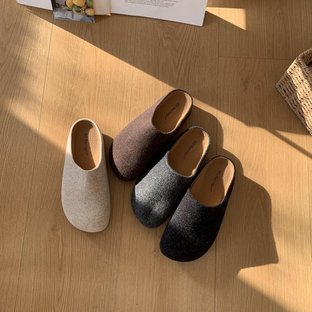 Retro Woolen Inner Height-increasing Bag Head Birkenstock Slippers 2025 Autumn and Winter New French Gentle Lazy One Pedal and Half Drag