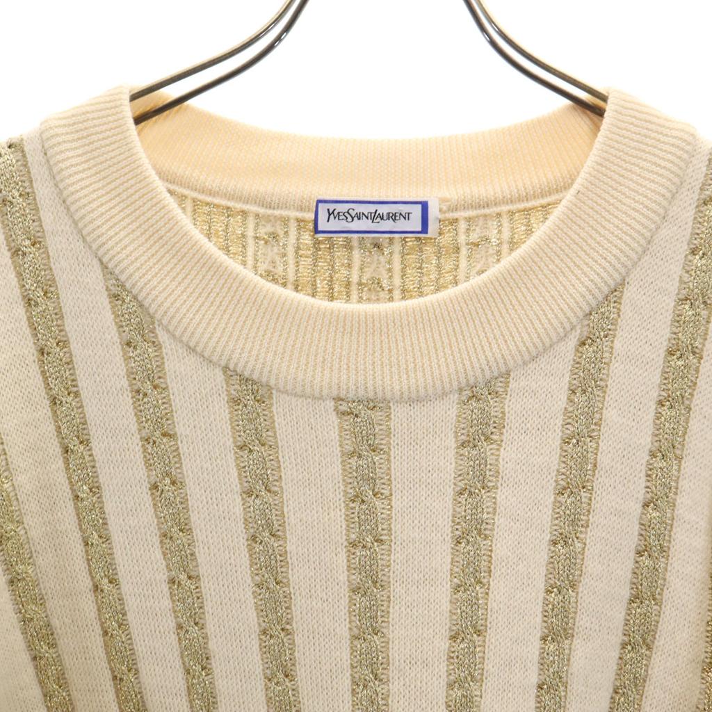 Yves Saint Laurent 90s Old Striped Pattern Long Sleeve Sweater Beige Knit Women Used