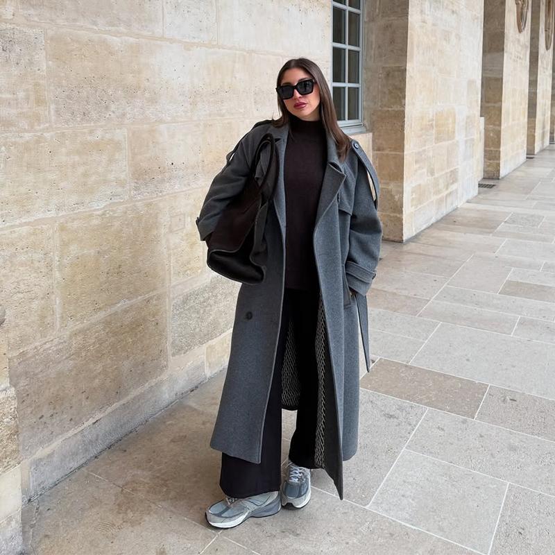 Kabát s klopami, dvouřadé zapínání, temperamentní vlněný dlouhý kabát, silná látka, dámská teplá bunda, podzim 2025