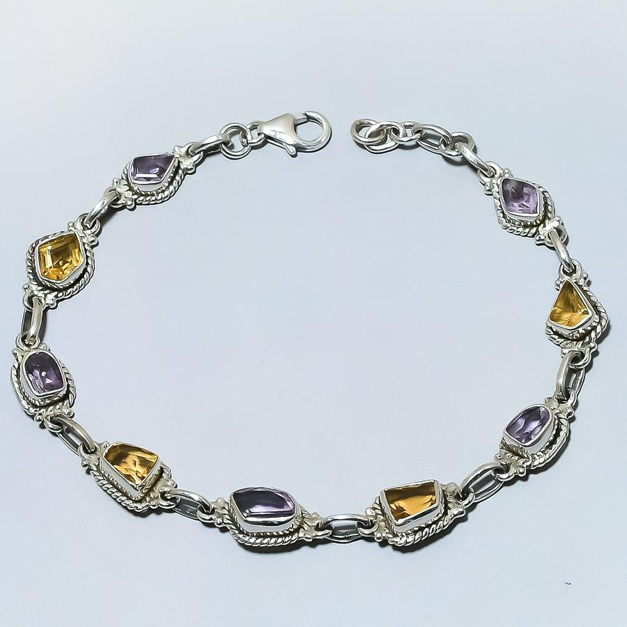 Natural Pink Amethyst,Citrine 925 Solid Sterling Silver Gift Bracelet 7-8" v9M97
